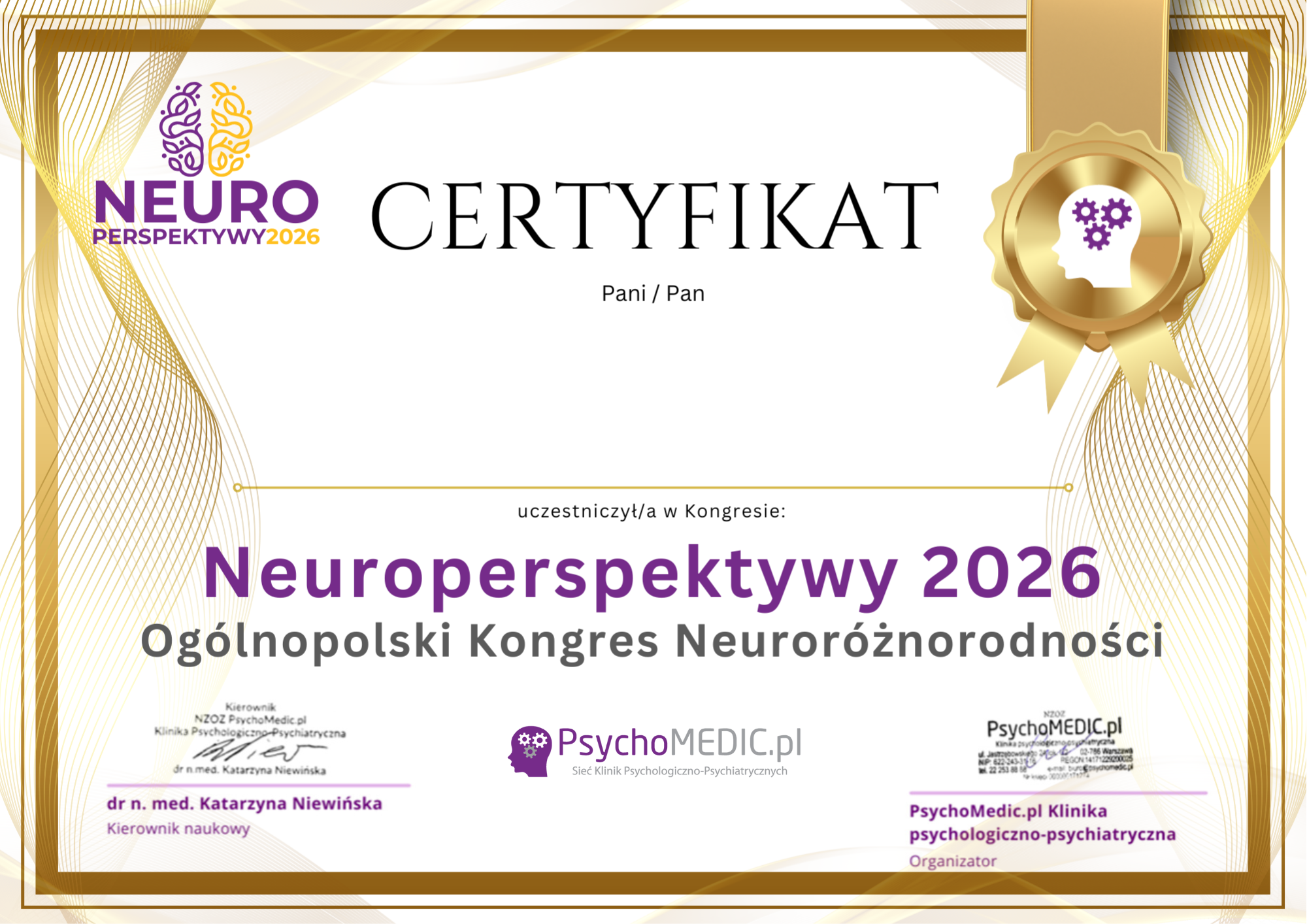 Certyfikat uczestnictwa – Kongres NeuroPerspektywy