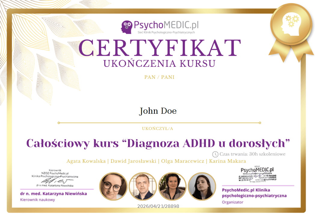 Przykładowy certyfikat PsychoMedic EDU